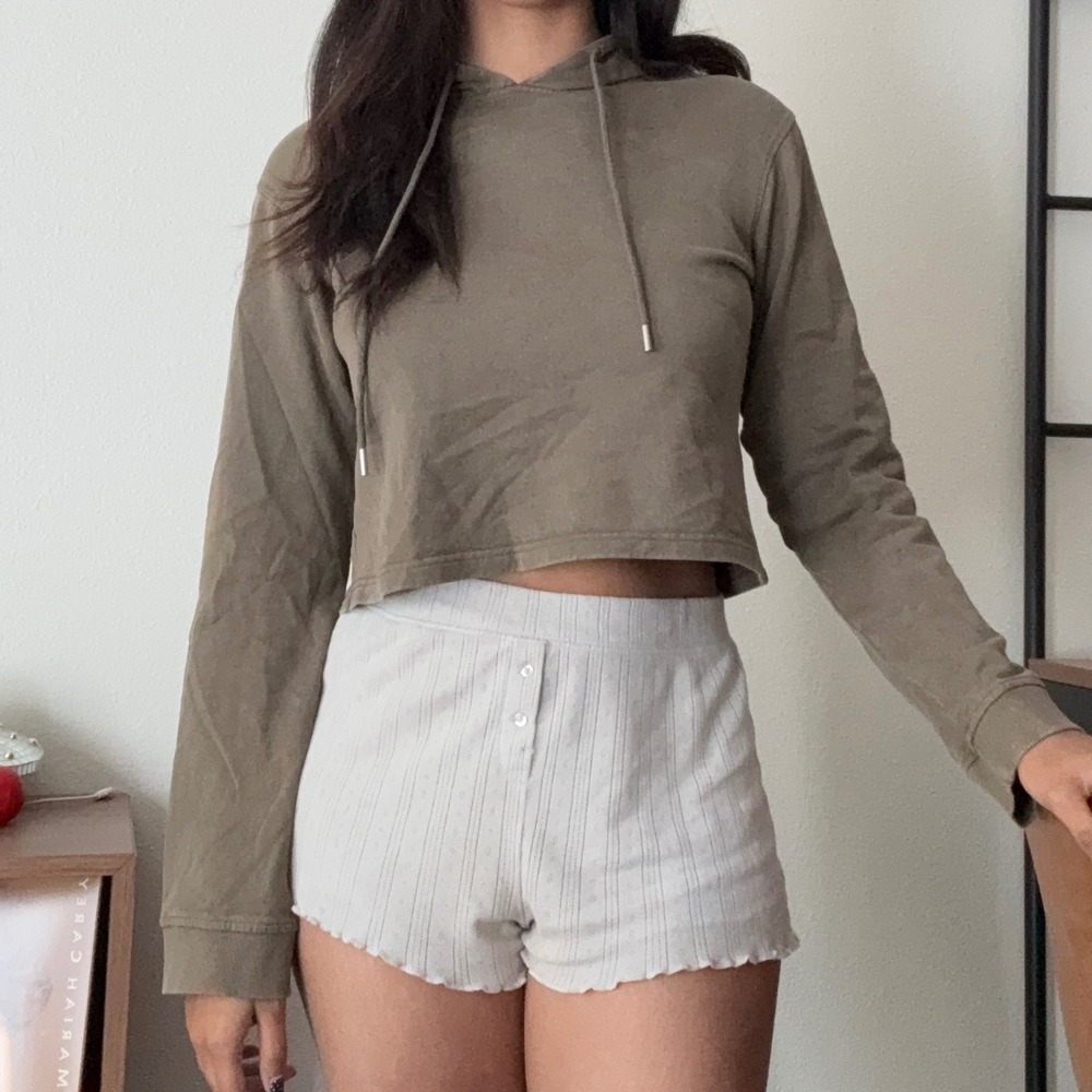 Loveconnect Olive Green Mineral Wash Cropped Hoodie 100 Cotton French Terry M